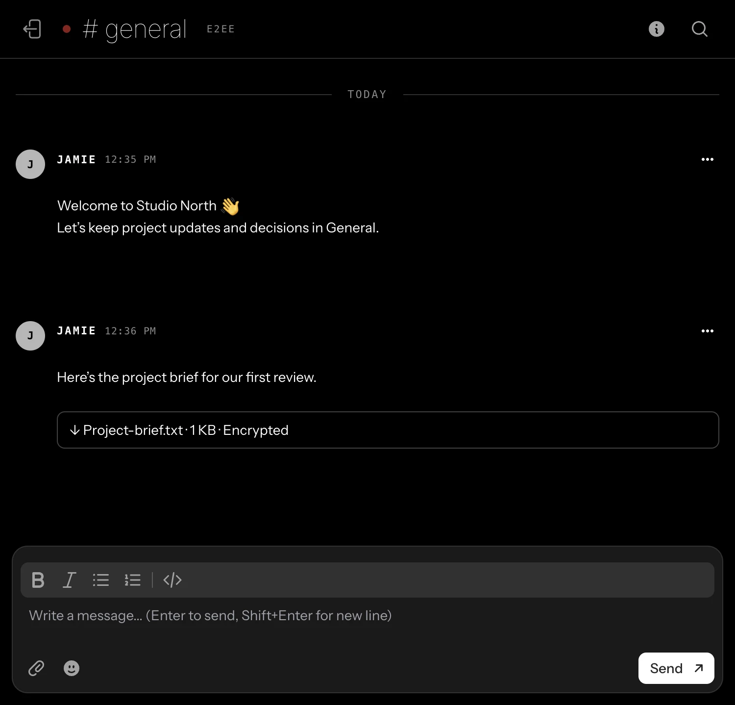 Actual General conversation showing Project-brief.txt with an Encrypted attachment label.