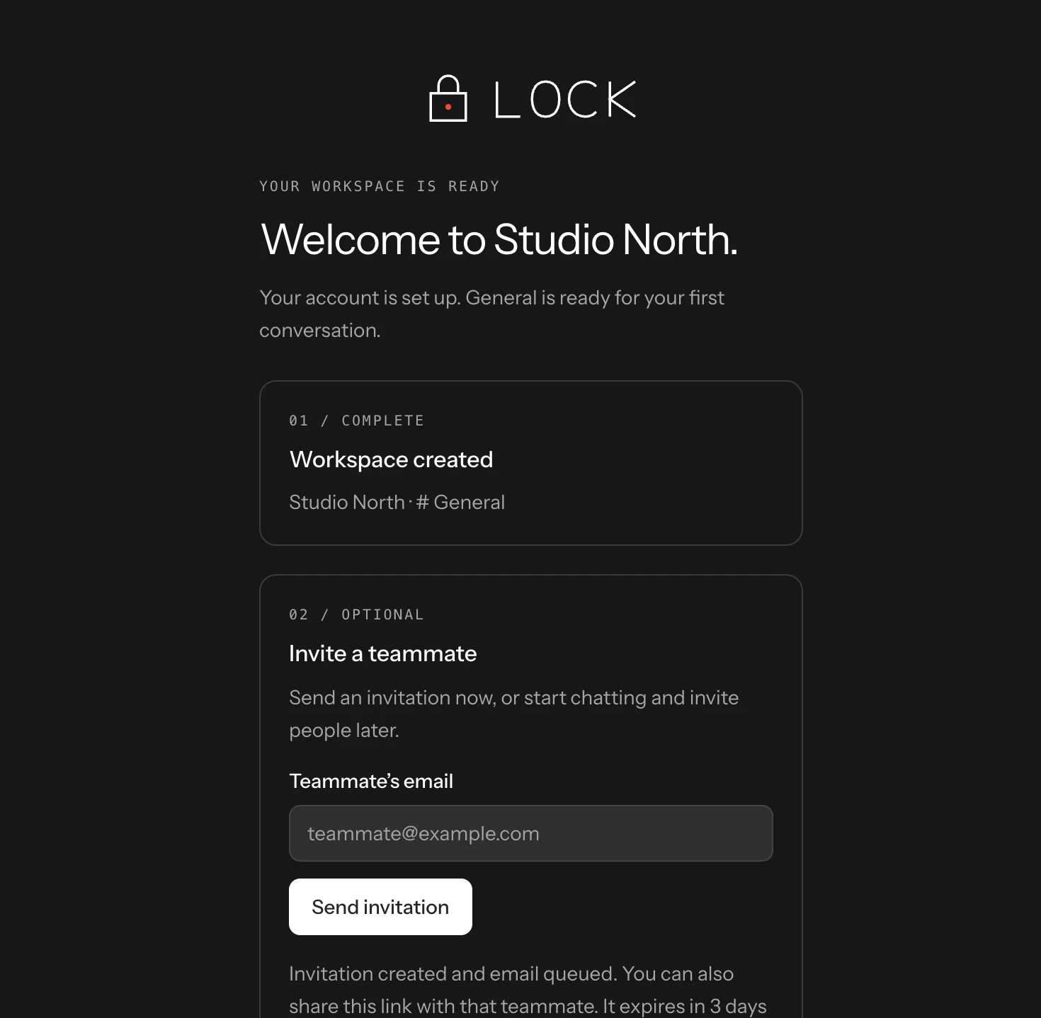 Actual Lock workspace setup showing Studio North, General, and the teammate invitation form.